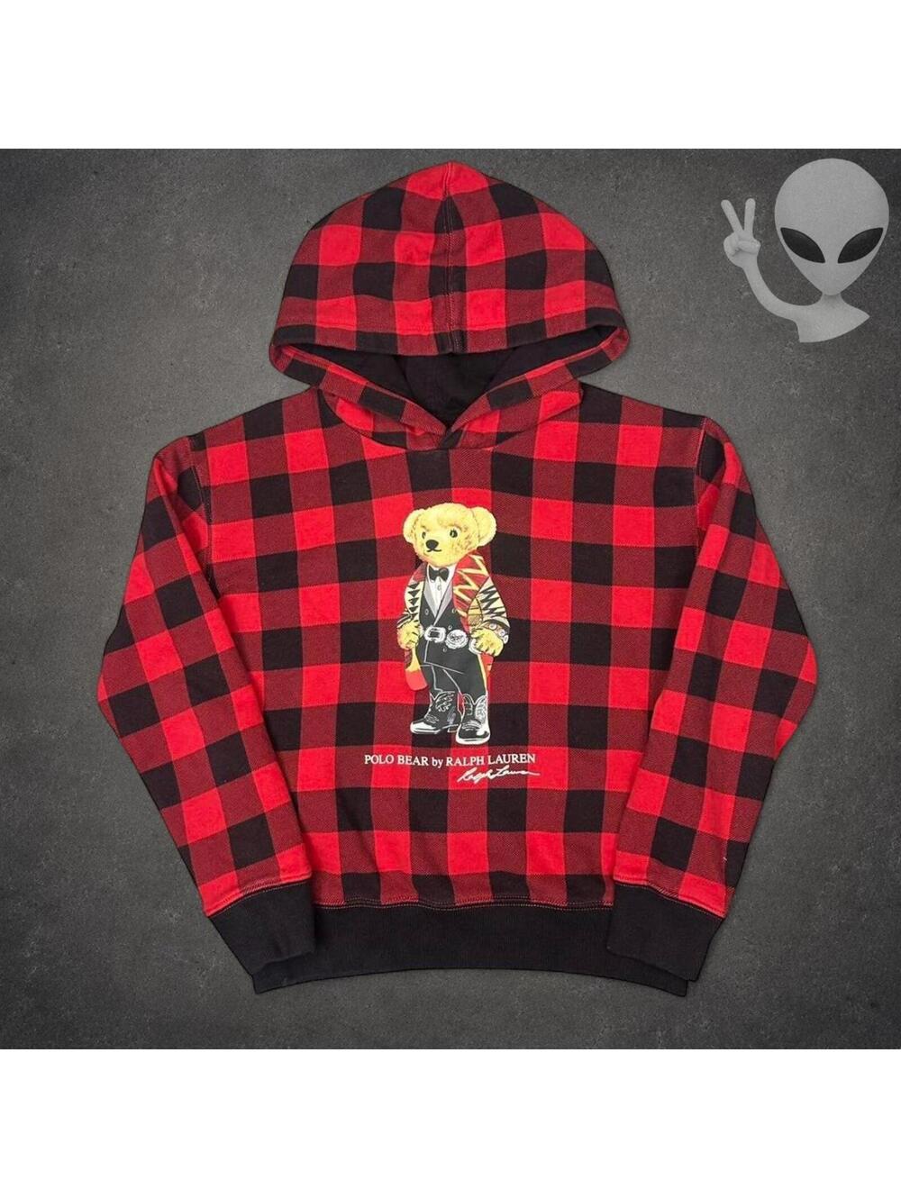 Polo Ralph Lauren Buffalo Plaid Polo Bear Hoodie Women's Size XS Red Black